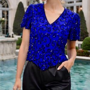 Laurence Kazar Vintage 100% Silk Beaded Top Pointed Hem Blue Black M